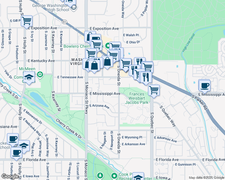 map of restaurants, bars, coffee shops, grocery stores, and more near 6801 East Mississippi Avenue in Denver