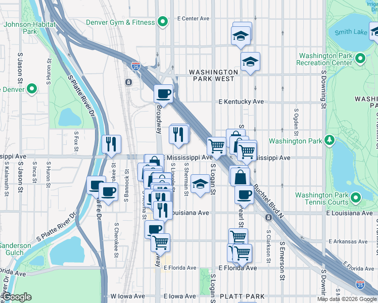 map of restaurants, bars, coffee shops, grocery stores, and more near 1050 South Broadway in Denver