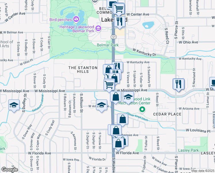 map of restaurants, bars, coffee shops, grocery stores, and more near 7655 West Mississippi Avenue in Lakewood