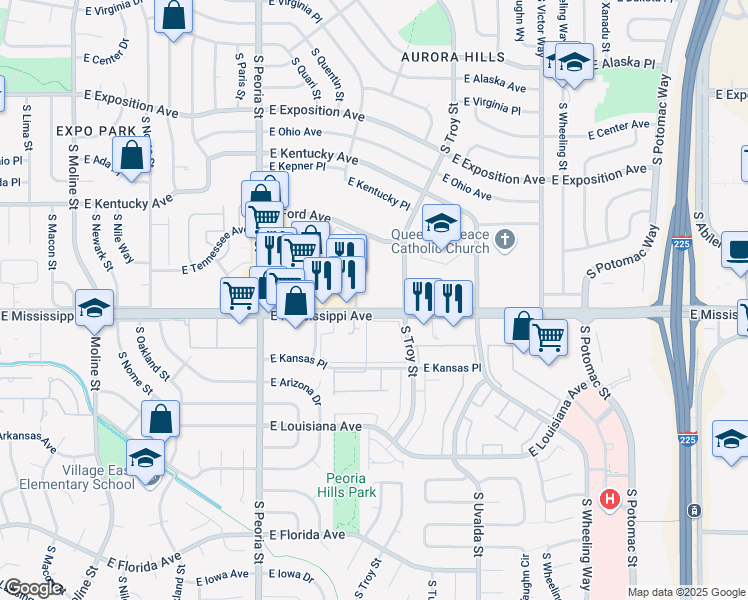 map of restaurants, bars, coffee shops, grocery stores, and more near 12707 East Mississippi Avenue in Aurora