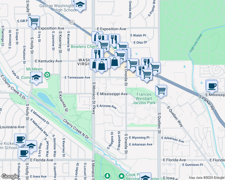 map of restaurants, bars, coffee shops, grocery stores, and more near 6705 East Mississippi Avenue in Denver