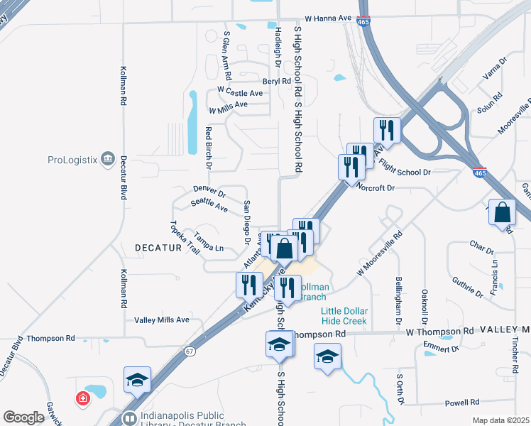 map of restaurants, bars, coffee shops, grocery stores, and more near 4535 San Diego Drive in Indianapolis