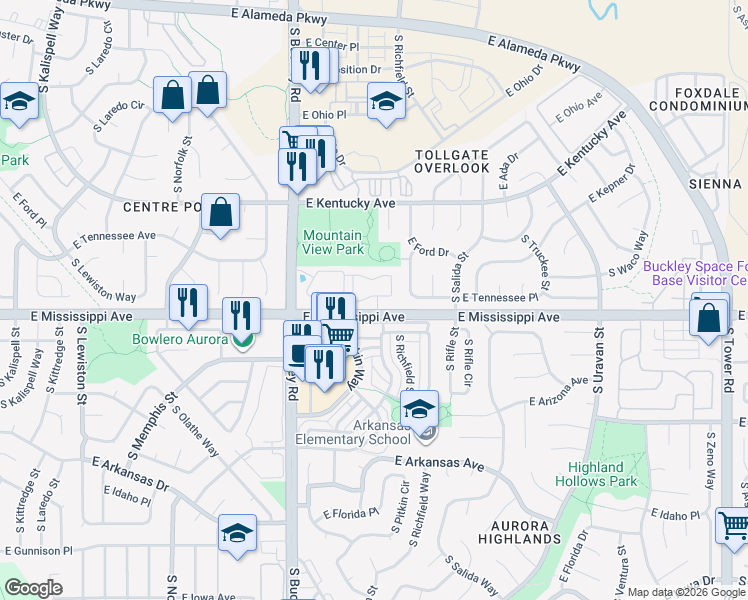 map of restaurants, bars, coffee shops, grocery stores, and more near 17286 East Ford Drive in Aurora
