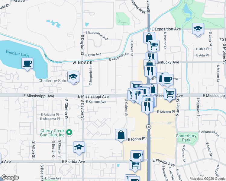 map of restaurants, bars, coffee shops, grocery stores, and more near 1055 South Fulton Street in Denver
