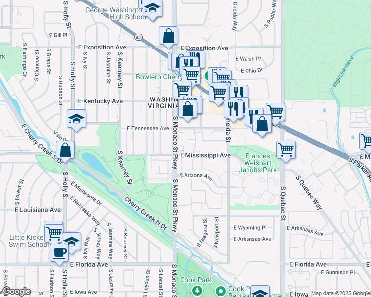 map of restaurants, bars, coffee shops, grocery stores, and more near 1000 South Monaco Parkway in Denver