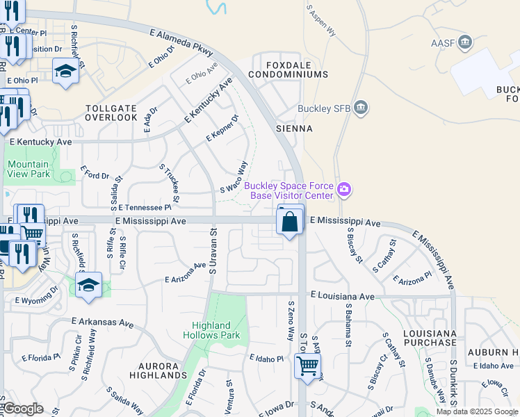 map of restaurants, bars, coffee shops, grocery stores, and more near 1059 South Walden Way in Aurora