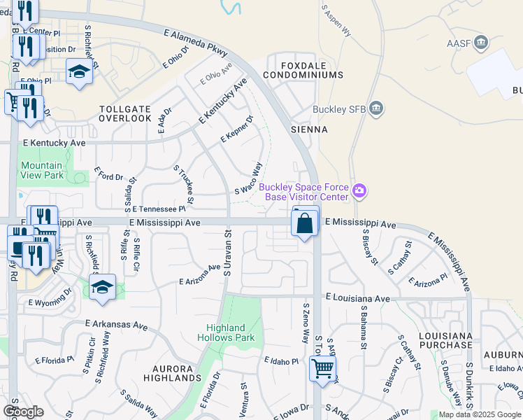 map of restaurants, bars, coffee shops, grocery stores, and more near 1050 South Waco Way in Aurora