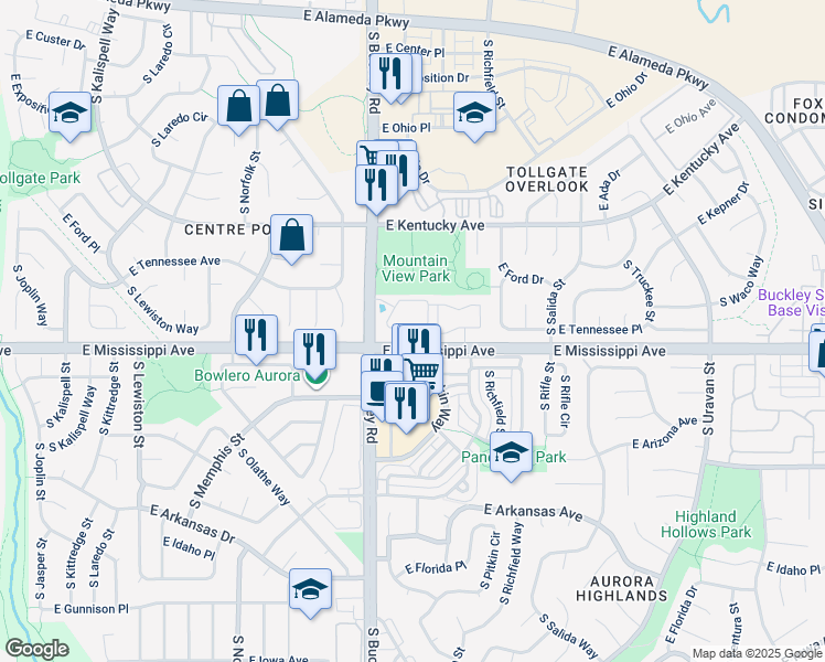 map of restaurants, bars, coffee shops, grocery stores, and more near 17003 East Tennessee Drive in Aurora