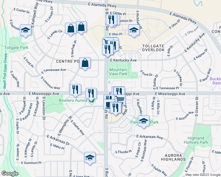 map of restaurants, bars, coffee shops, grocery stores, and more near 17003 East Tennessee Drive in Aurora