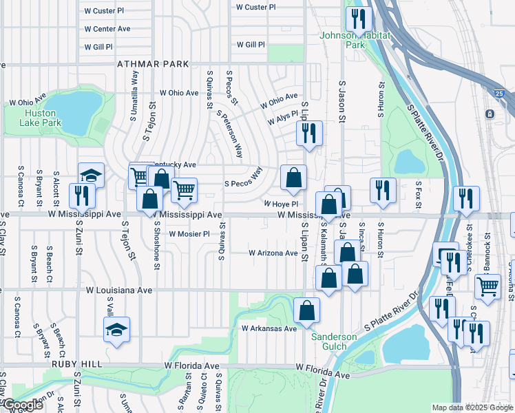 map of restaurants, bars, coffee shops, grocery stores, and more near 1501 West Hoye Place in Denver