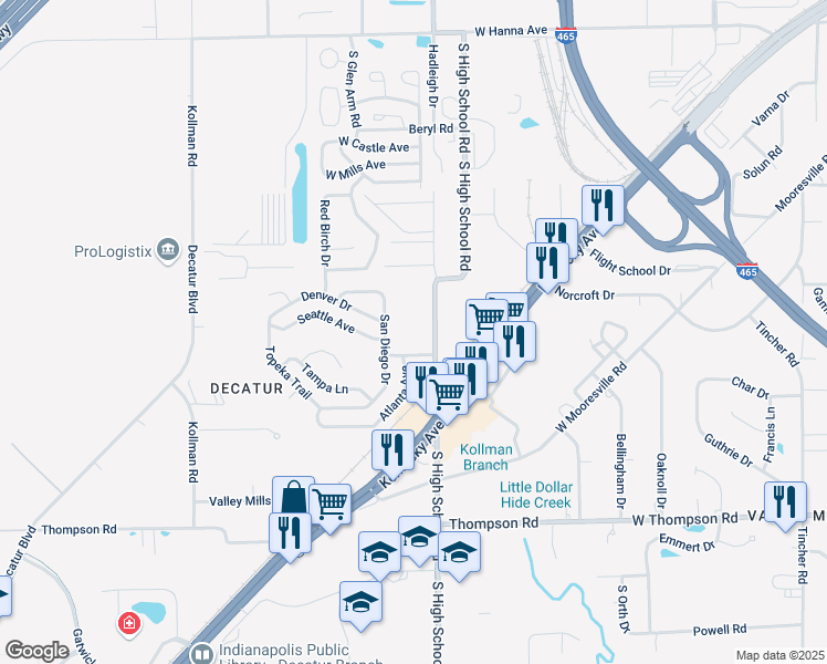 map of restaurants, bars, coffee shops, grocery stores, and more near 4535 San Diego Drive in Indianapolis