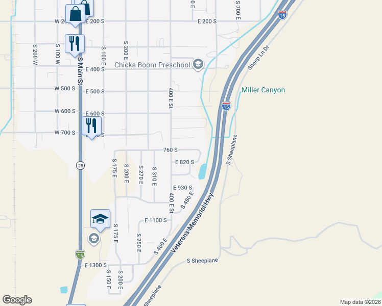 map of restaurants, bars, coffee shops, grocery stores, and more near 486 East 760 South in Nephi