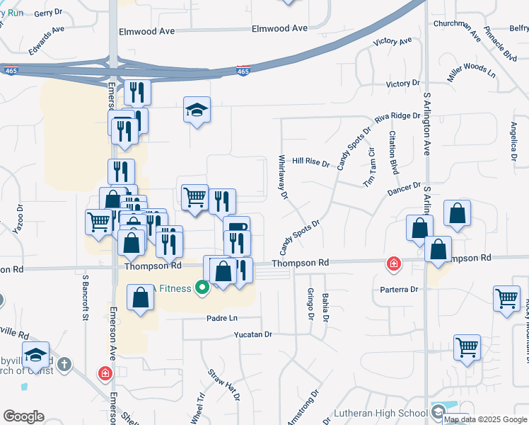 map of restaurants, bars, coffee shops, grocery stores, and more near 5456 Kim Way in Indianapolis