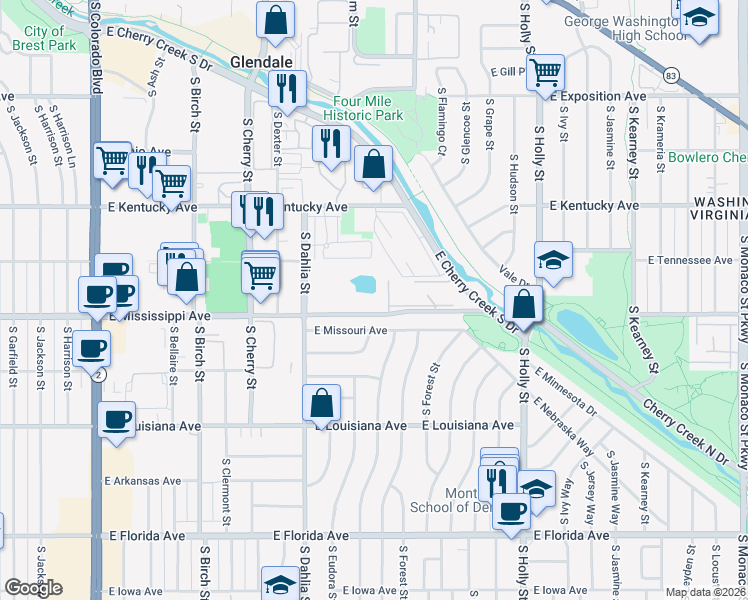 map of restaurants, bars, coffee shops, grocery stores, and more near 1086 South Dahlia Street in Denver