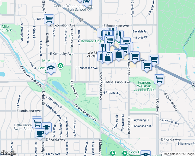 map of restaurants, bars, coffee shops, grocery stores, and more near 1000 South Monaco Parkway in Denver