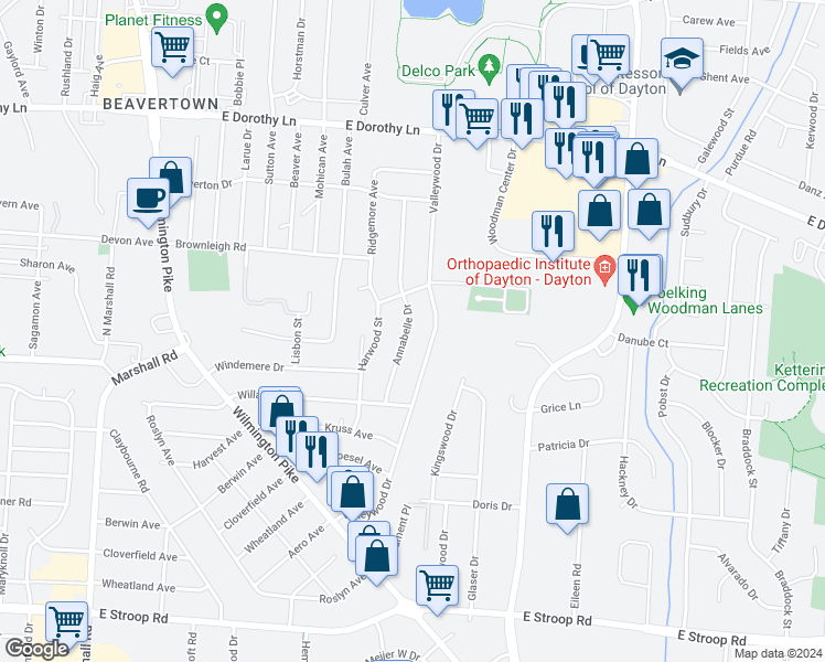 map of restaurants, bars, coffee shops, grocery stores, and more near 3400 Annabelle Drive in Kettering