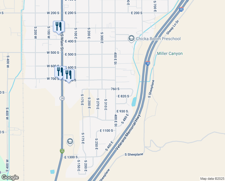 map of restaurants, bars, coffee shops, grocery stores, and more near 755 South 300 East in Nephi
