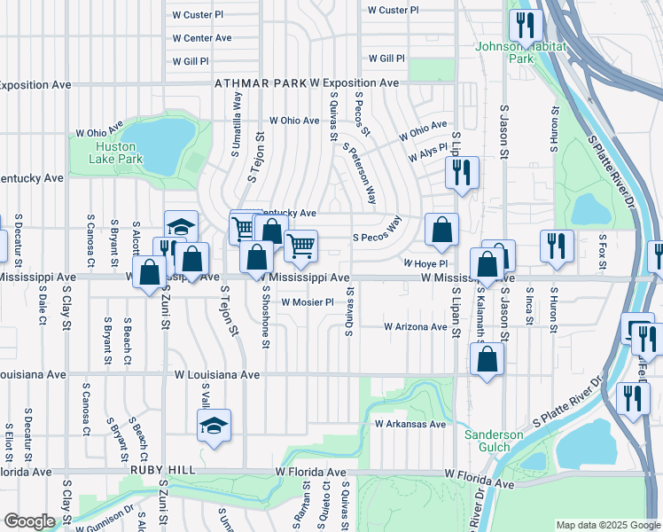 map of restaurants, bars, coffee shops, grocery stores, and more near 1725 West Mississippi Avenue in Denver