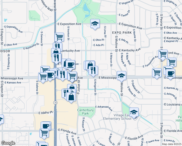 map of restaurants, bars, coffee shops, grocery stores, and more near 11111 East Mississippi Avenue in Aurora