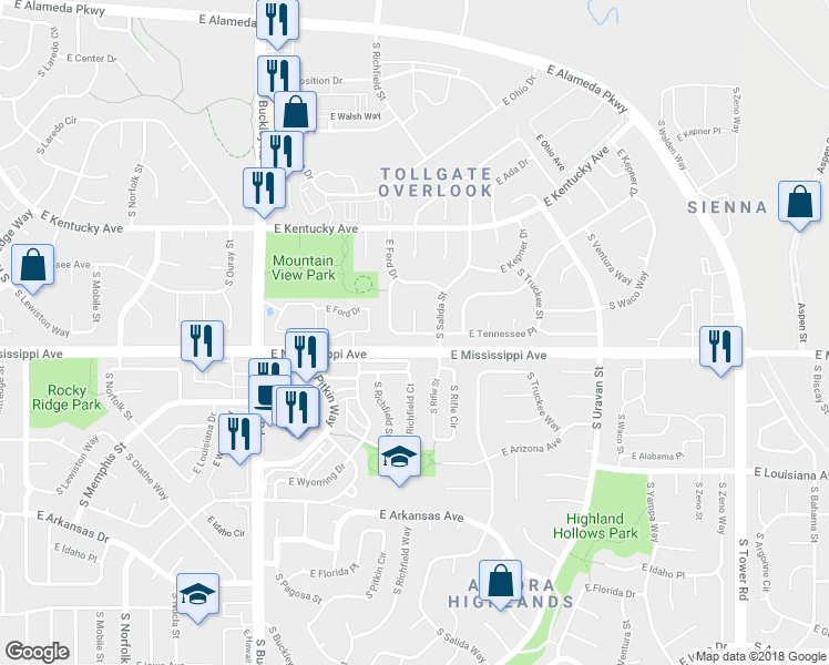 map of restaurants, bars, coffee shops, grocery stores, and more near 1024 South Rifle Street in Aurora