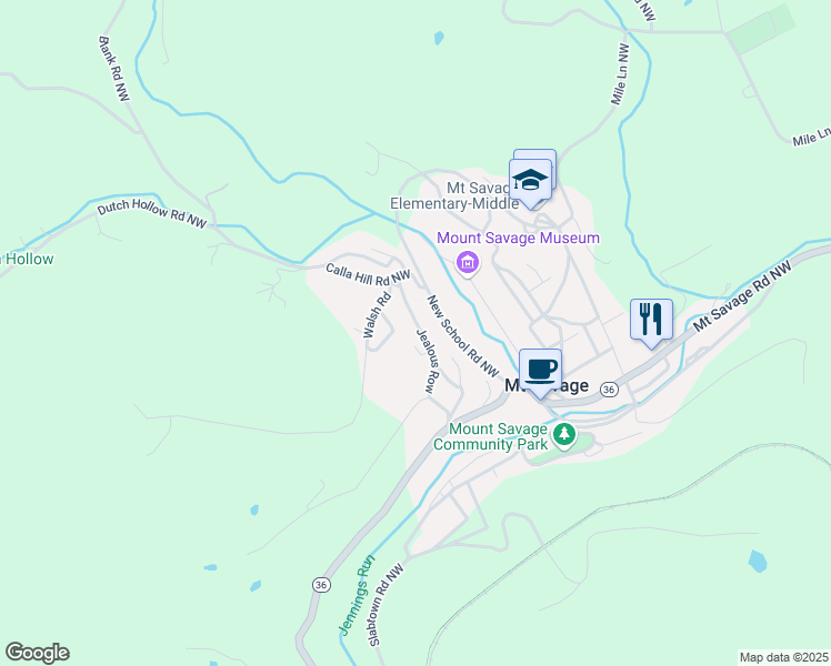 map of restaurants, bars, coffee shops, grocery stores, and more near 12807 Jealous Row Northwest in Mount Savage
