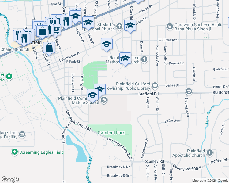 map of restaurants, bars, coffee shops, grocery stores, and more near 758 Stafford Road in Plainfield