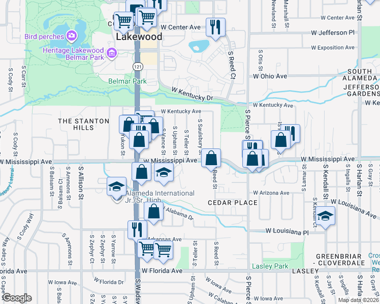 map of restaurants, bars, coffee shops, grocery stores, and more near 1069 South Saulsbury Street in Lakewood