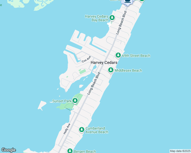 map of restaurants, bars, coffee shops, grocery stores, and more near 6330 Long Beach Boulevard in Harvey Cedars