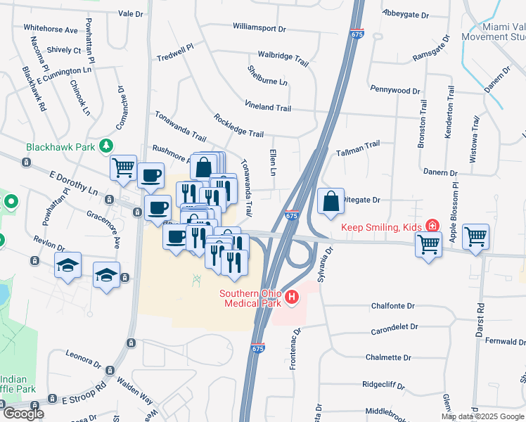 map of restaurants, bars, coffee shops, grocery stores, and more near 4381 Tonawanda Trail in Beavercreek