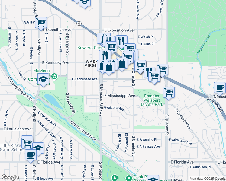 map of restaurants, bars, coffee shops, grocery stores, and more near 1050 South Monaco Parkway in Denver
