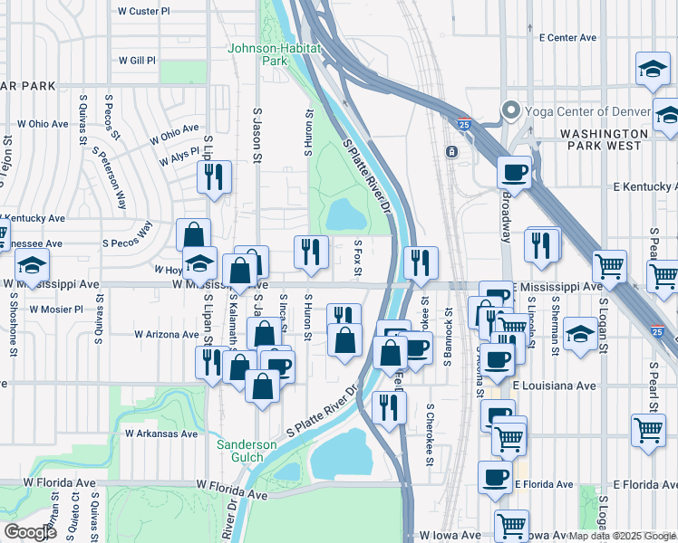 map of restaurants, bars, coffee shops, grocery stores, and more near 1070 South Galapago Street in Denver