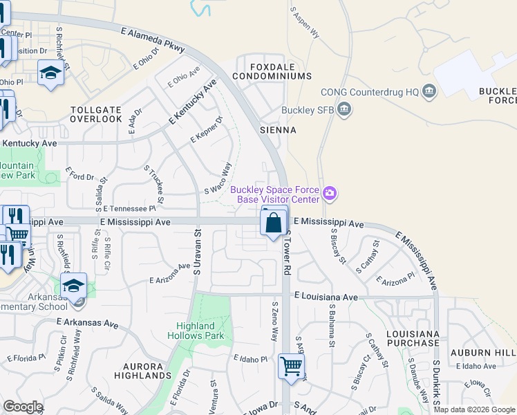 map of restaurants, bars, coffee shops, grocery stores, and more near 1082 South Zeno Way in Aurora