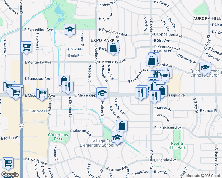 map of restaurants, bars, coffee shops, grocery stores, and more near 1070 South Newark Street in Aurora