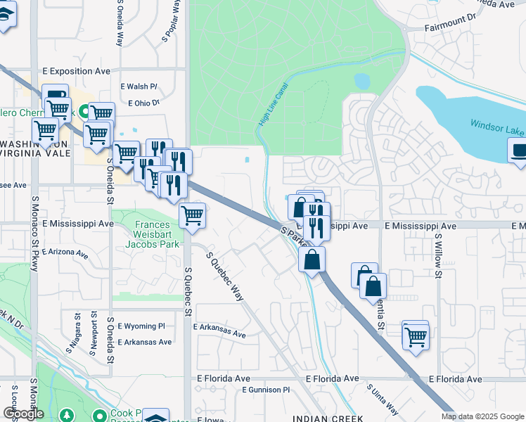 map of restaurants, bars, coffee shops, grocery stores, and more near 1090 South Parker Road in Denver