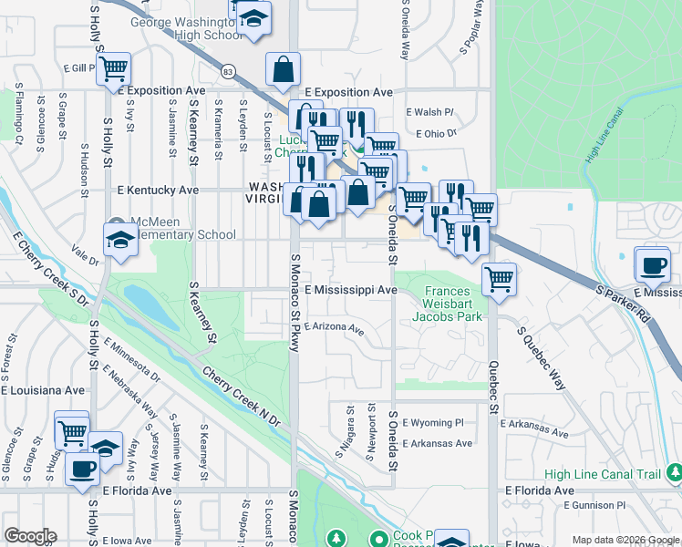 map of restaurants, bars, coffee shops, grocery stores, and more near 6705 East Mississippi Avenue in Denver