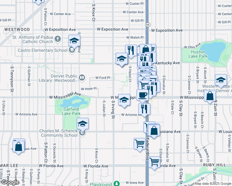 map of restaurants, bars, coffee shops, grocery stores, and more near 1055 South Irving Street in Denver