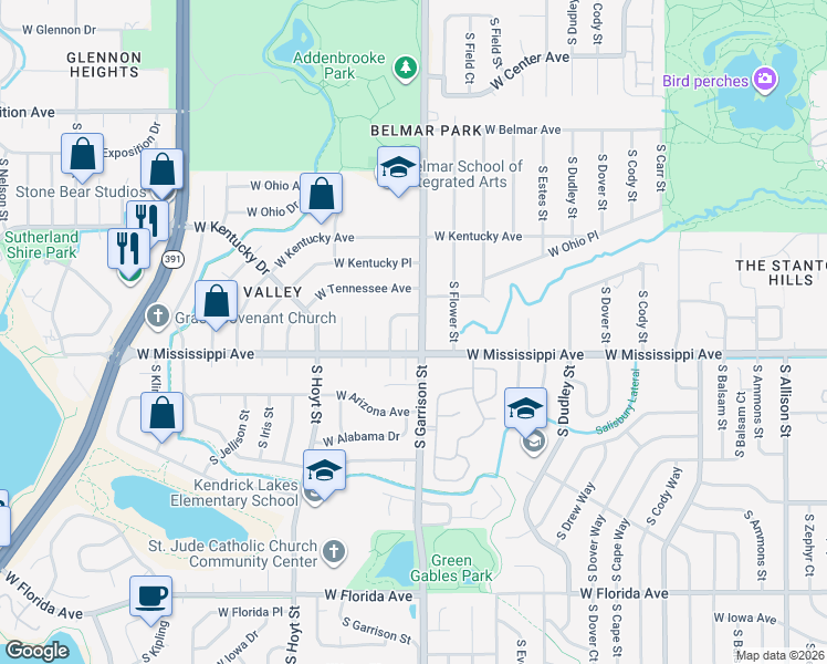 map of restaurants, bars, coffee shops, grocery stores, and more near 952 South Garland Way in Lakewood