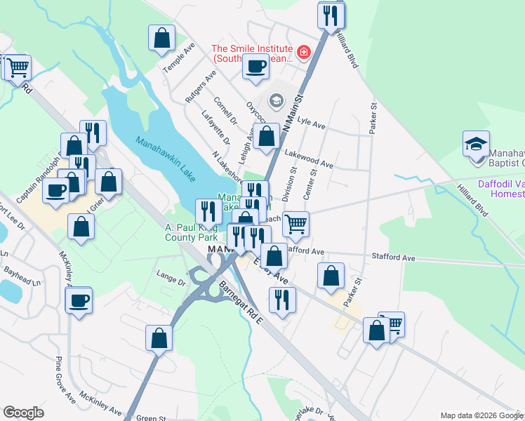 map of restaurants, bars, coffee shops, grocery stores, and more near 85 North Main Street in Stafford Township
