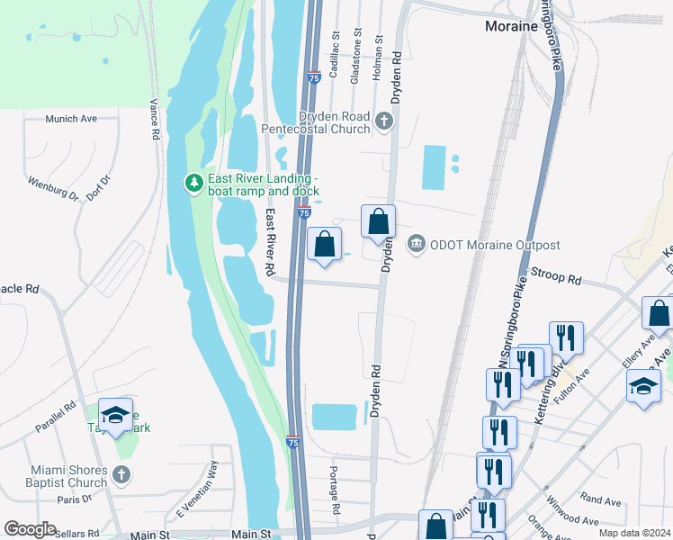 map of restaurants, bars, coffee shops, grocery stores, and more near in Moraine