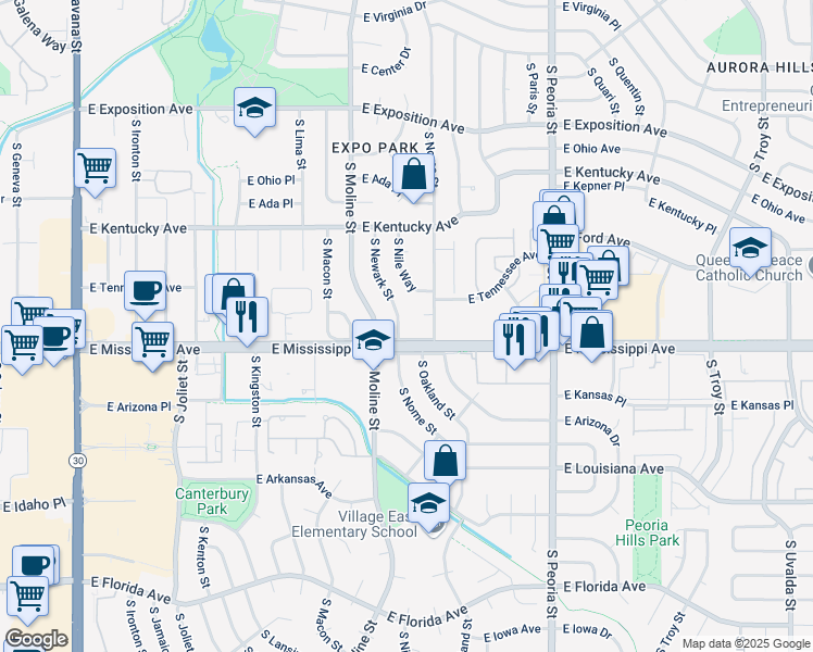 map of restaurants, bars, coffee shops, grocery stores, and more near 1070 South Newark Street in Aurora