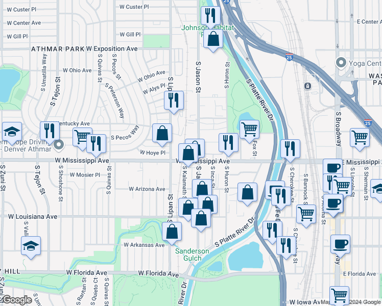 map of restaurants, bars, coffee shops, grocery stores, and more near 1001 W Mississippi Ave in Denver