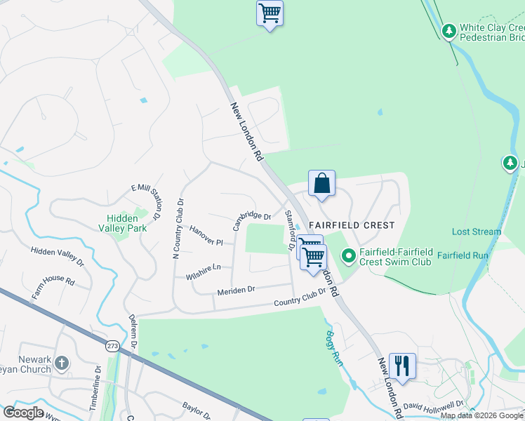map of restaurants, bars, coffee shops, grocery stores, and more near 4 Fairfield Drive in Newark