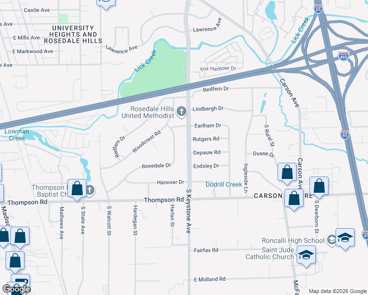 map of restaurants, bars, coffee shops, grocery stores, and more near 4540 South Keystone Avenue in Indianapolis