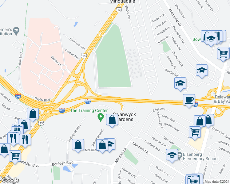map of restaurants, bars, coffee shops, grocery stores, and more near 1612 North Dupont Highway in New Castle