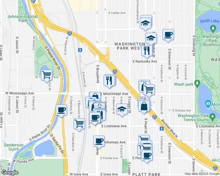 map of restaurants, bars, coffee shops, grocery stores, and more near 1090 South Lincoln Street in Denver