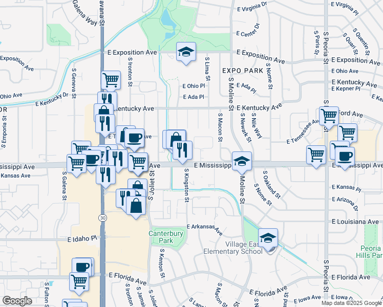 map of restaurants, bars, coffee shops, grocery stores, and more near 11111 East Mississippi Avenue in Aurora