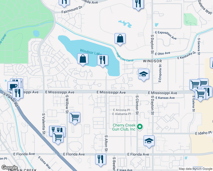 map of restaurants, bars, coffee shops, grocery stores, and more near 9099 East Mississippi Avenue in Denver