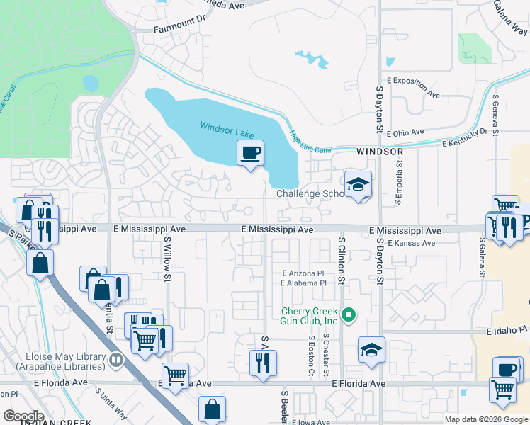 map of restaurants, bars, coffee shops, grocery stores, and more near 9099 East Mississippi Avenue in Denver