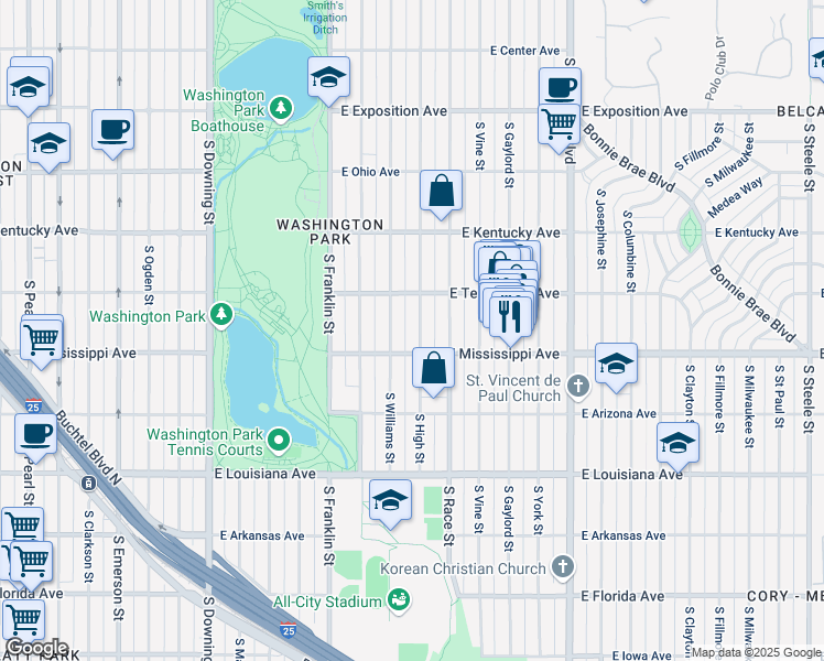 map of restaurants, bars, coffee shops, grocery stores, and more near 1059 South High Street in Denver