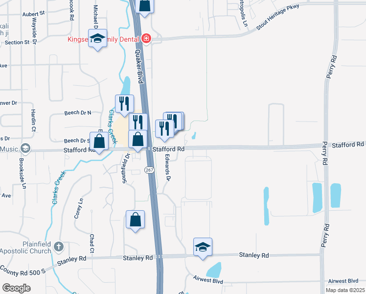 map of restaurants, bars, coffee shops, grocery stores, and more near 8580 East County Road 450 South in Plainfield